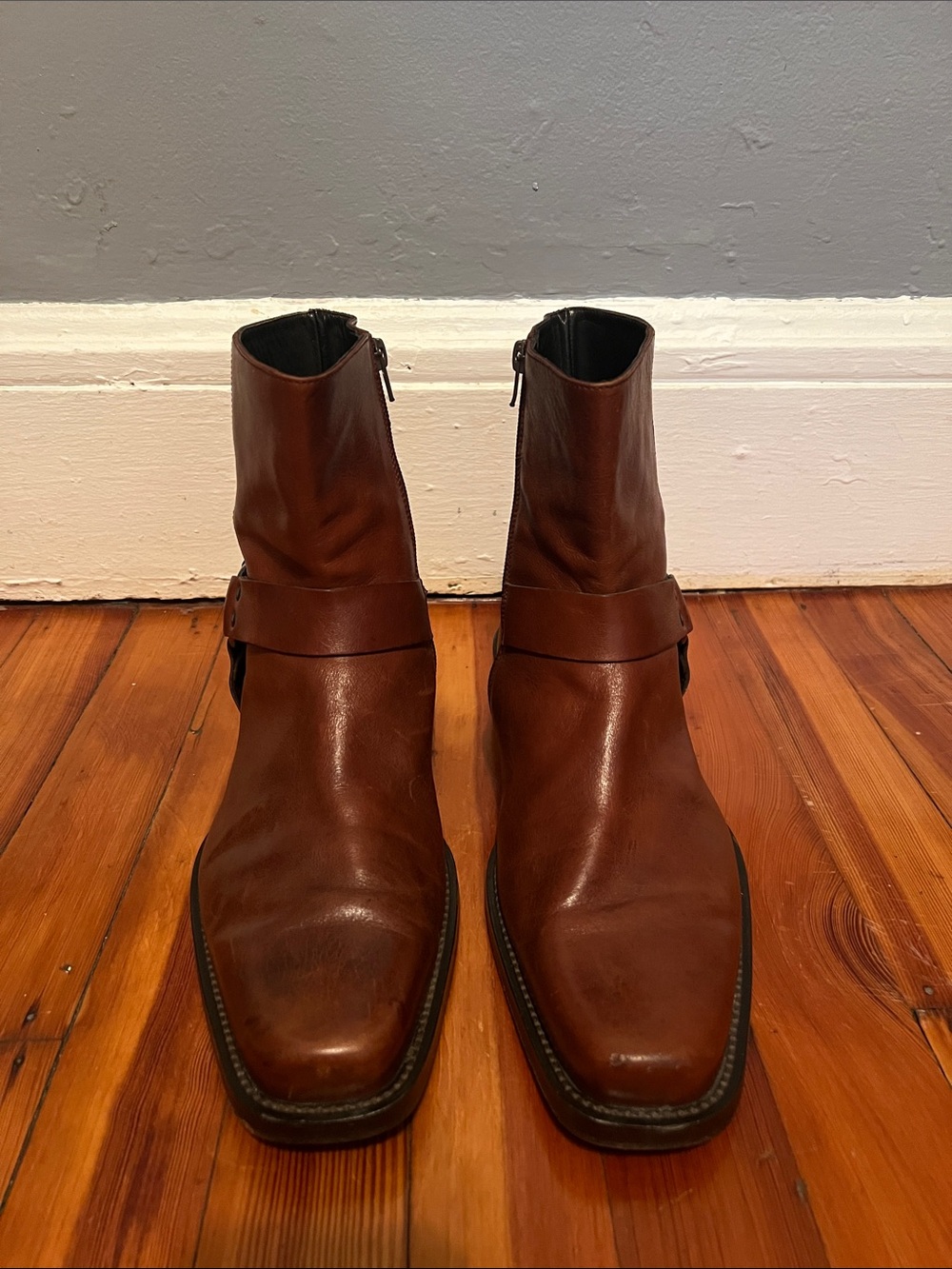 Via Spiga Men's Cognac Brown Leather Chukka Boots with Strap Detail